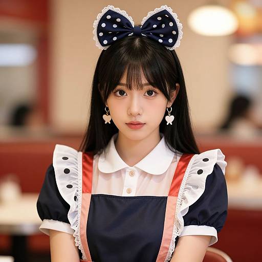 Photograph of an Asian young woman with long black hair, wearing a navy blue maid outfit with white lace trim, polka-dot bow headband,
