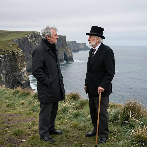 Two Elderly Men Conversing on Cliffside