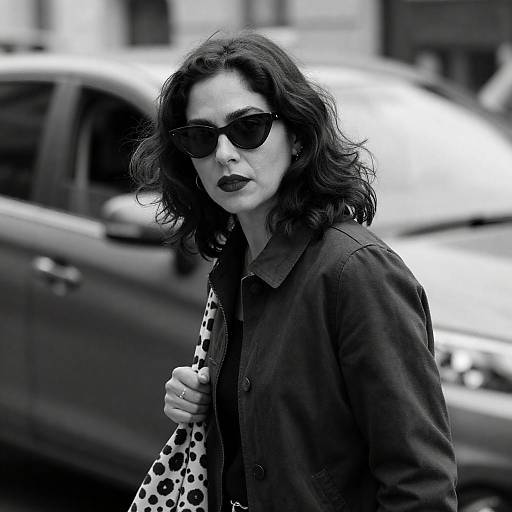 Black and white portrait of woman with sunglasses and spotted bag