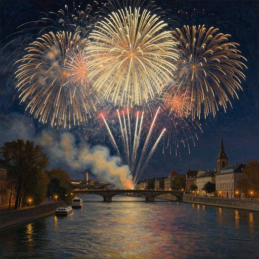 Photograph of vibrant fireworks exploding over a river at night, illuminating city buildings, with boats on the water and smoke rising.