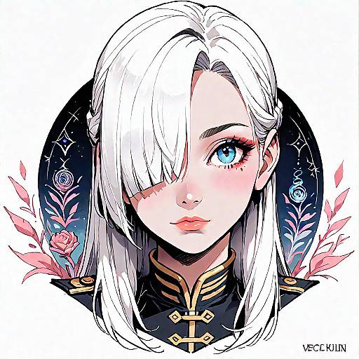 Digital anime-style portrait of a white-haired woman with blue eyes, black uniform, floral background, and 