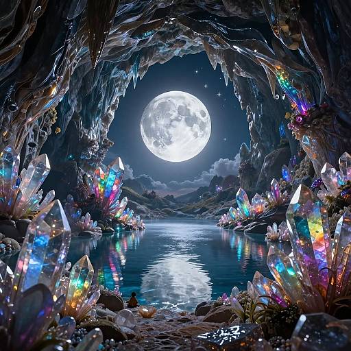 Digital artwork of a glowing, crystal-filled cave with a full moon reflected in a calm, starry lake, surrounded by vibrant, multicolored crystals