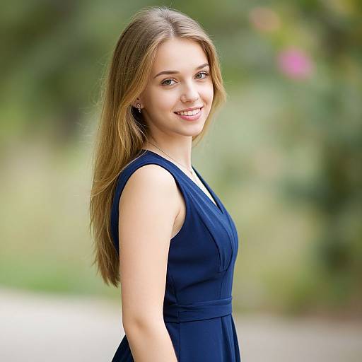 Photograph of a smiling young woman with long brown hair, wearing a sleeveless navy blue dress, standing outdoors with a blurred green and pink background.