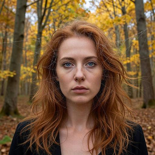 Photograph of a fair-skinned woman with blue eyes and long, wavy red hair in a forest with autumn yellow leaves. She wears a black