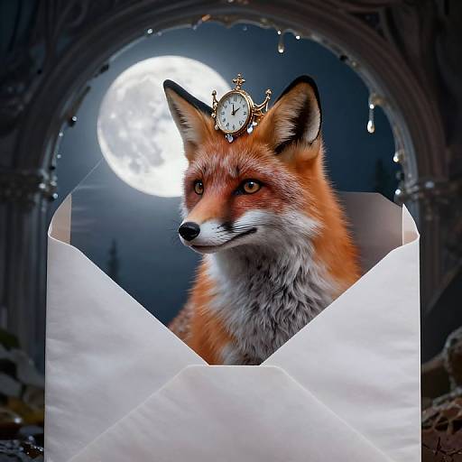 Photorealistic image of a red fox with a clock on its head, emerging from a white envelope, against a full moon and Gothic arch background.
