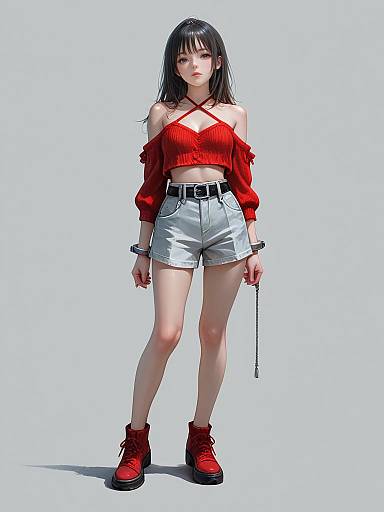 Digital anime-style drawing of a young woman with black hair, red off-shoulder top, white high-waisted shorts, red boots, and