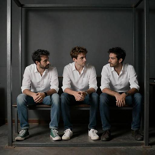 Three Men on Dim Industrial Bench