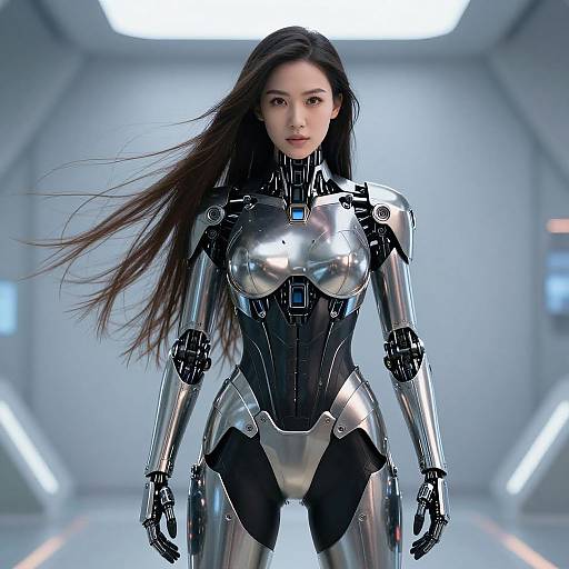 Photorealistic CGI of an Asian woman with long black hair, wearing a shiny silver and black futuristic robotic bodysuit, standing confidently in a sleek