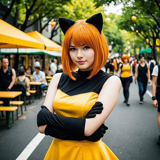 Young Woman Cosplaying Chat Noir in Urban Street