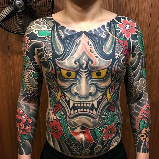 Photograph of a shirtless man with detailed Japanese-style demon tattoo covering his chest and arms, featuring vibrant colors and flowers, against a wooden background with