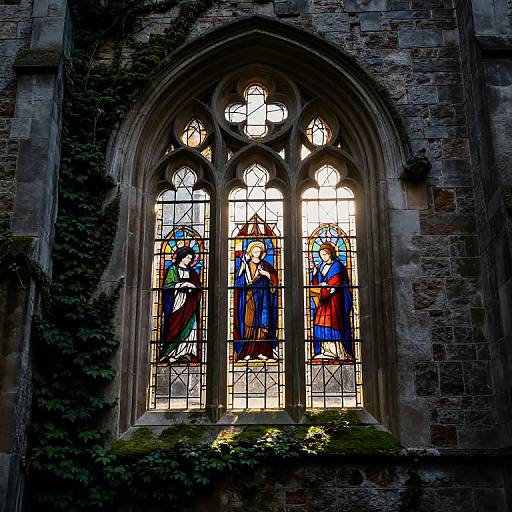 Photograph of a vibrant, multi-pane stained glass window in a stone church, depicting three colorful religious figures, with ivy on the left.