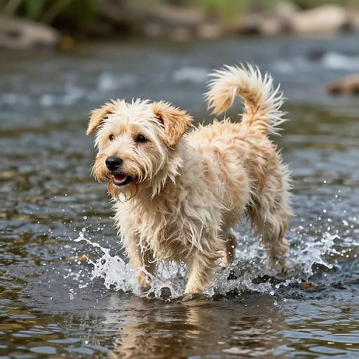 Photograph of a wet, fluffy, light tan dog with a white-tipped tail, joyfully splashing in a shallow, clear creek.
