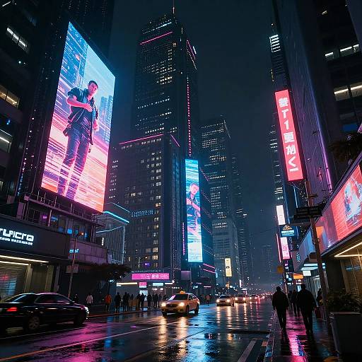Neon-lit, rainy urban night scene photograph of a bustling city street with towering buildings, bright digital billboards, and illuminated reflections on wet pavement