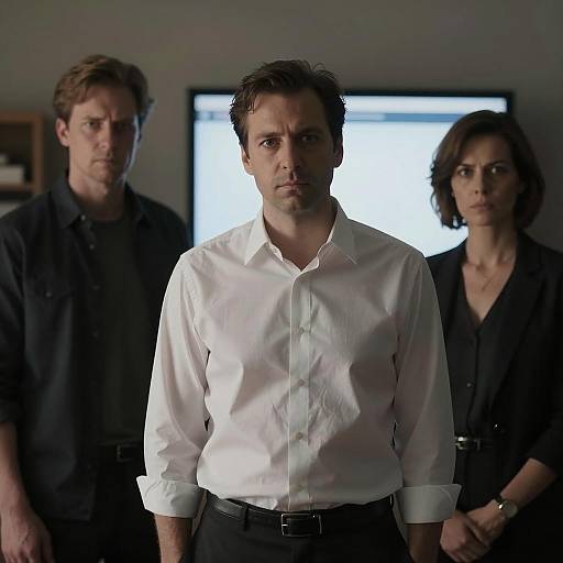 Three Figures in a Dimly Lit Room