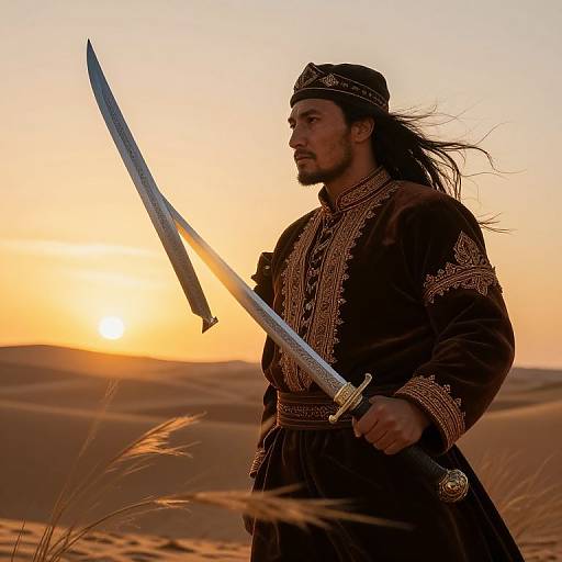 Photograph of a bearded man with long black hair, wearing traditional Middle Eastern attire, holding a curved sword, standing in a sunlit desert at
