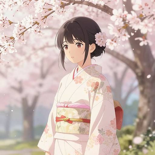 Anime Girl in Kimono Among Cherry Blossoms