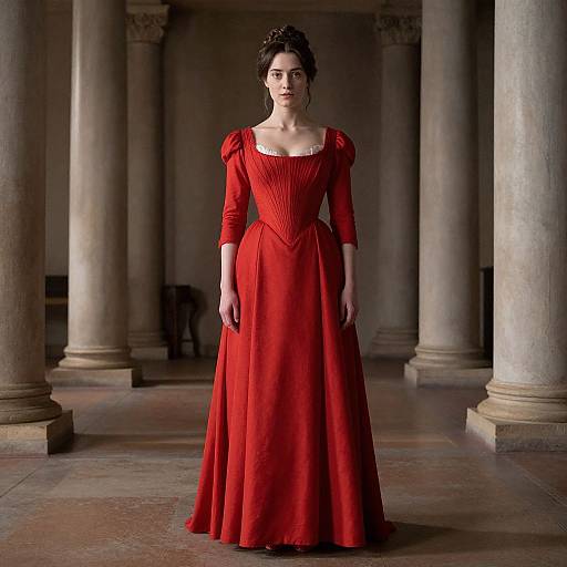 Photograph of a pale-skinned woman with dark hair in an elegant, long-sleeved, red ball gown, standing in a dimly-l