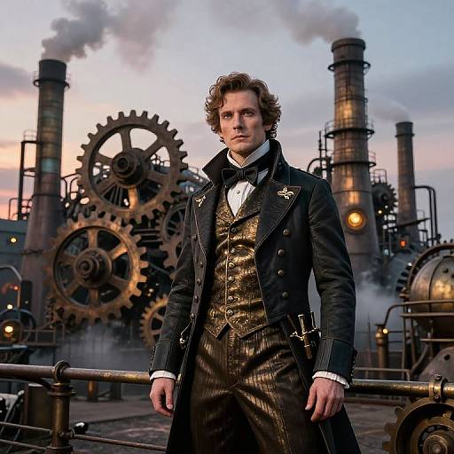 Photograph of a handsome young man with curly brown hair, dressed in a Victorian-style black and gold suit, standing in front of a steampunk
