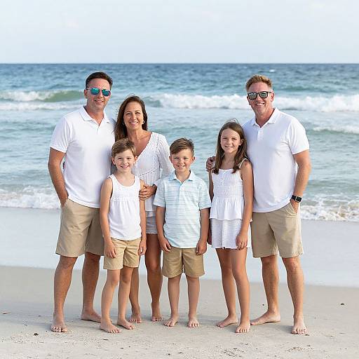 Photograph of a smiling family of five standing on a sunny beach with ocean waves in the background, all wearing white shirts and beige shorts.