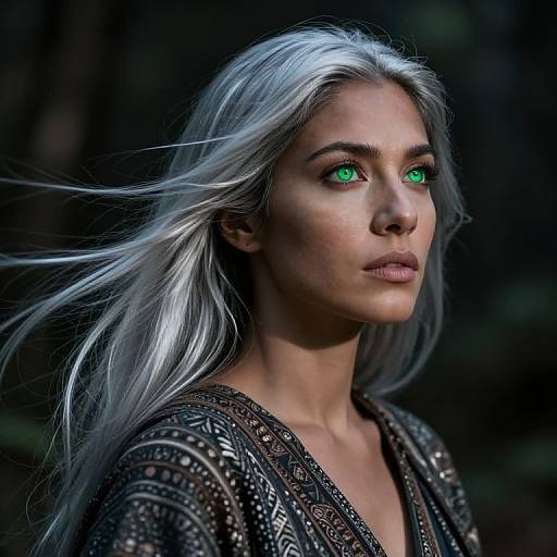 Photorealistic digital artwork of a woman with silver hair, glowing green eyes, and intricate black patterned top, set against a dark, blurred forest