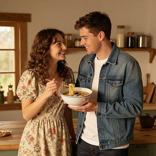 Photograph of a smiling couple in a cozy kitchen, woman in floral dress holding bowl of noodles, man in denim jacket.