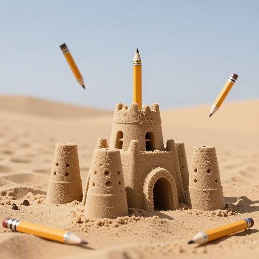 Photograph of a detailed sandcastle with four towers, an arched entrance, and three pencils in mid-air, on a sunny beach.