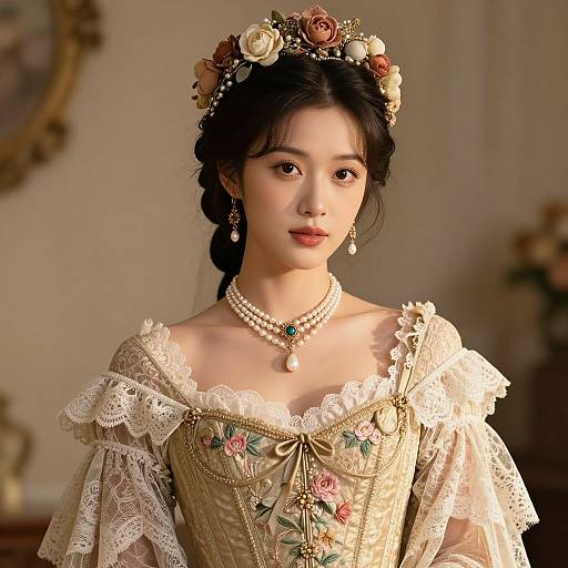 Photorealistic digital portrait of an Asian woman with fair skin, wearing an ornate Victorian-style dress adorned with lace, floral embroidery, pearls, and
