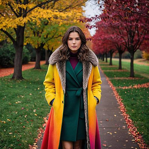 Young Woman Wearing Colorful Heated Coat in Autumn Park