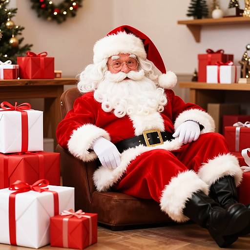 Photograph of Santa Claus in red suit with white trim, black belt, and boots, seated in brown chair surrounded by red and white gift boxes,