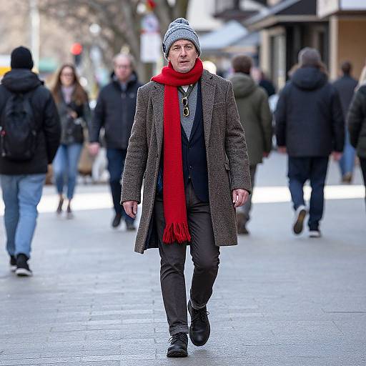 Photograph of a middle-aged man in a gray beanie, red scarf, brown coat, black pants, walking on a busy, winter street with
