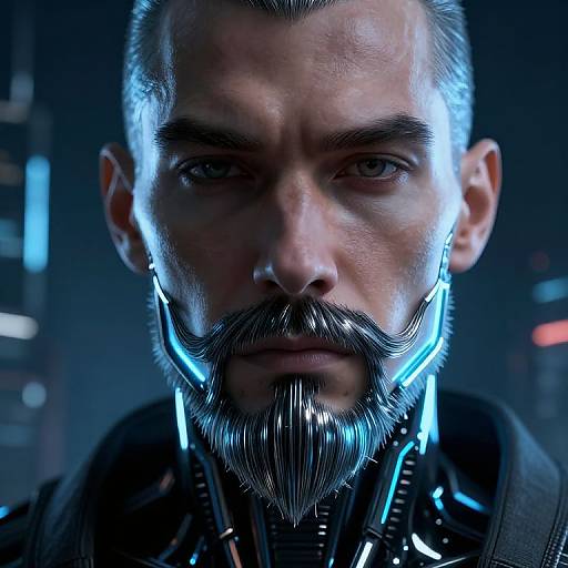 CGI close-up of a serious, muscular man with a glowing, cybernetic beard and blue-lit facial enhancements in a dark, futuristic setting