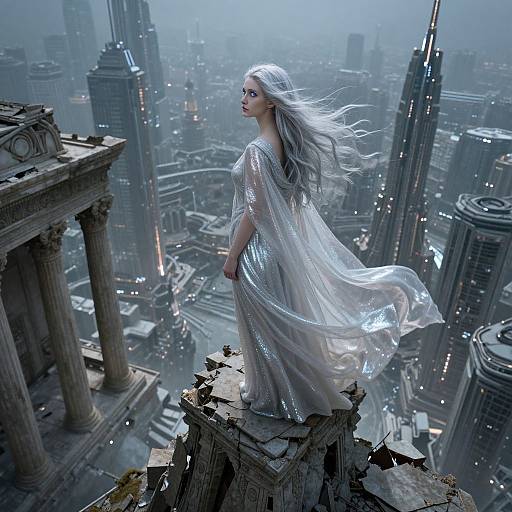 Digital artwork of a pale-skinned, silver-haired woman in a shimmering white dress standing on a ruined column, overlooking a foggy, futuristic city