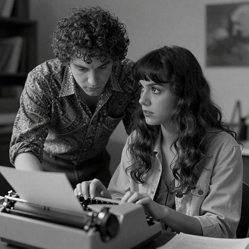 Curious Couple at a Vintage Typewriter