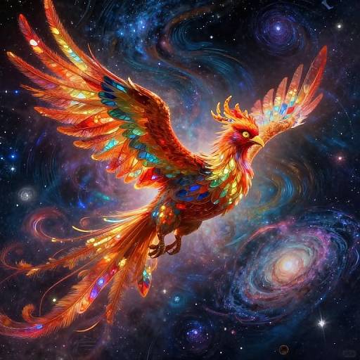 Vibrant, multicolored phoenix with glowing feathers soars through a cosmic, star-filled galaxy with swirling nebulae. Digital art in a