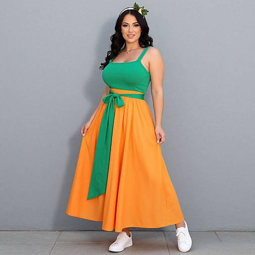 Photograph of a curvy woman with long black hair, wearing a green tank top, orange maxi skirt with green waist tie, white sneakers, standing