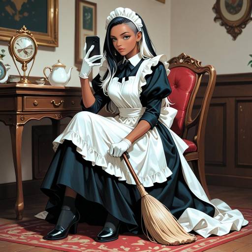 Victorian Maid Taking Selfie with Broom