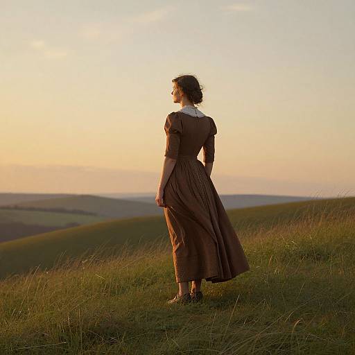 Photograph of a woman in a brown vintage dress with a white collar, standing on a grassy hill, gazing at a sunset over rolling hills