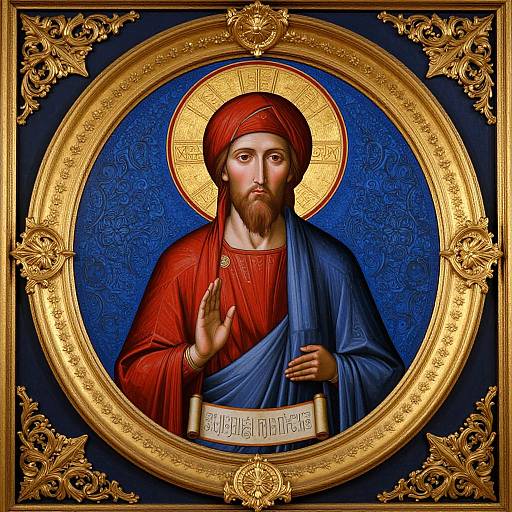 Digital artwork of a bearded Jesus with a red turban and robe, blue drape, golden halo, raising right hand, Greek text below,