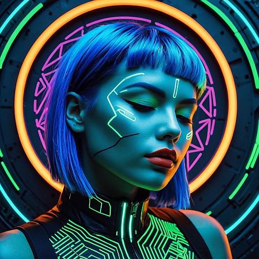 Neon Cyberpunk Portrait of Blue-Haired Woman