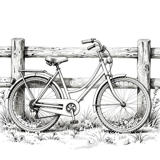 Black-and-white ink drawing of a classic bicycle with a curved frame, standing on grass against a wooden fence.