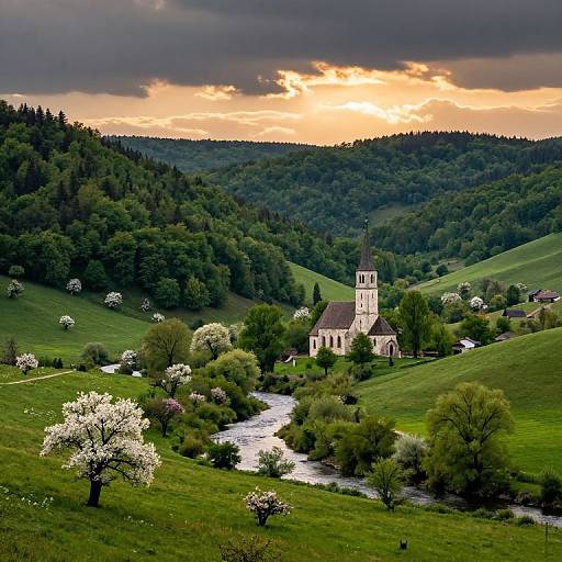 Photograph of a quaint, white church with a tall steeple nestled in lush, green rolling hills, surrounded by a meandering river and blo