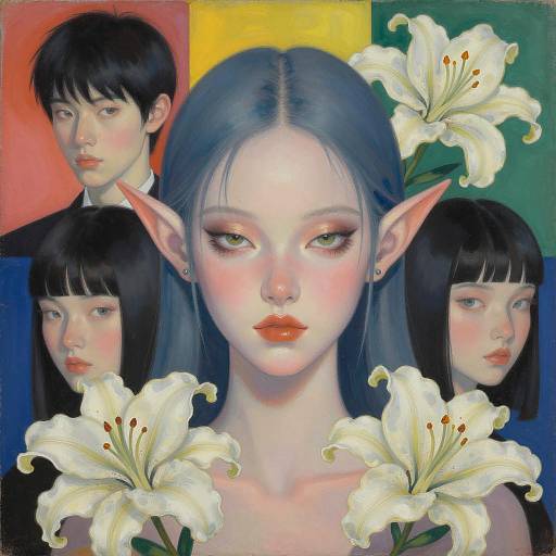 Surreal Cyberpunk Elf Portrait with Lilies
