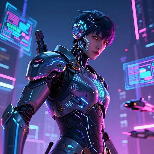 Futuristic Cybernetic Warrior in Neon City