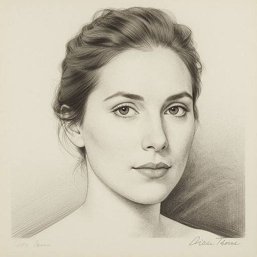 Black-and-white pencil portrait of a young woman with wavy hair, subtle smile, and delicate features. Signed 