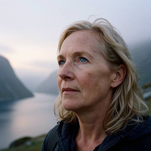 Photograph of a middle-aged blonde woman with blue eyes, looking thoughtfully into the distance, wearing a black jacket, set against a foggy mountain