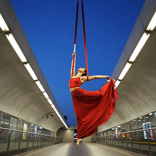 Aerial Silks Performance in Neon Subway Station
