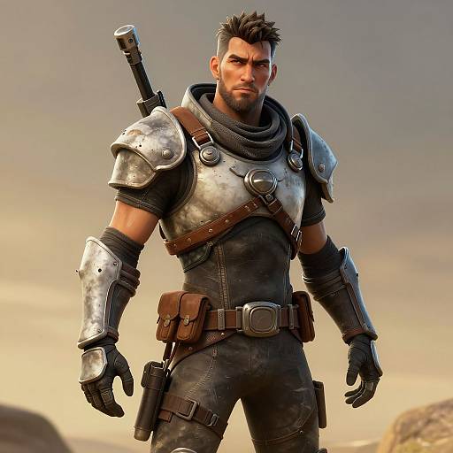 CGI image of a muscular, bearded man with short dark hair, wearing silver armor, black leather gloves, and belt, standing in a desert