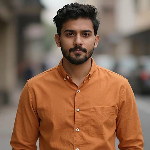 Photograph of a young South Asian man with dark hair, beard, wearing an orange button-up shirt, standing in a blurred urban street.