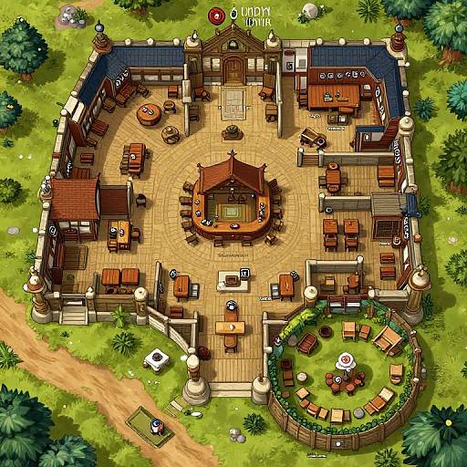 Aerial view of a detailed, colorful, digital illustration of a rustic, castle-like inn with patios, wooden furniture, and gardens.
