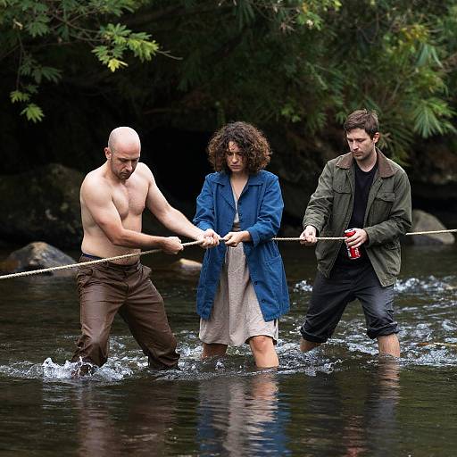 Three Adventurers Wading Through a River